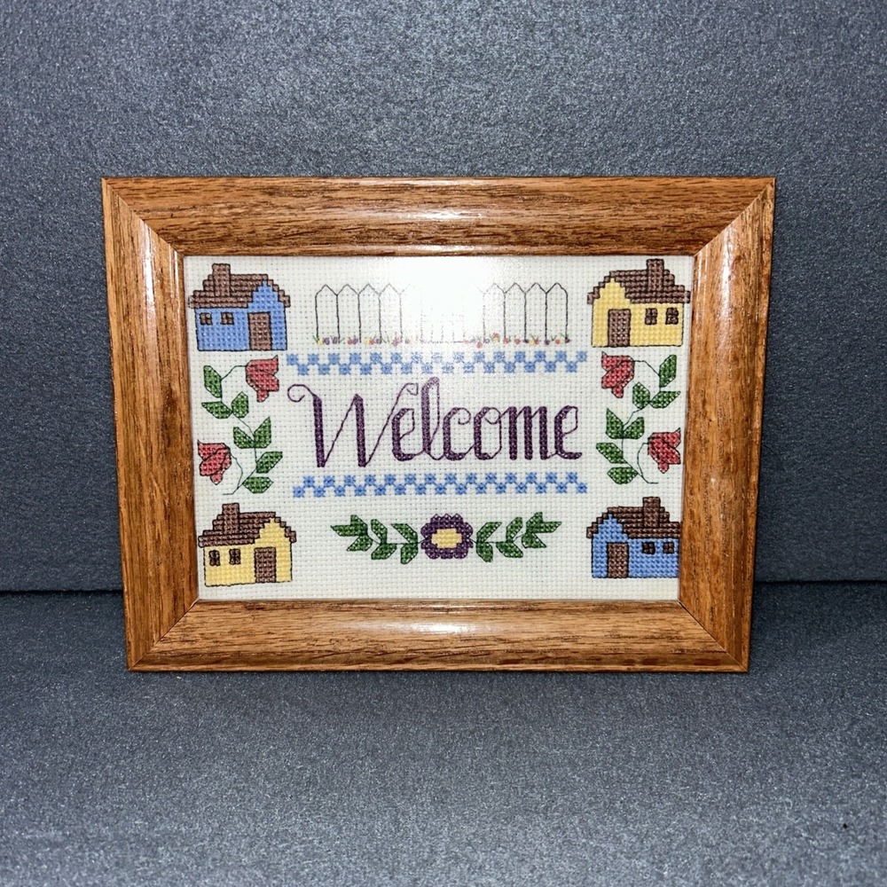 Vintage Framed Embroidery Welcome Cottage Handmade Needlework Decor